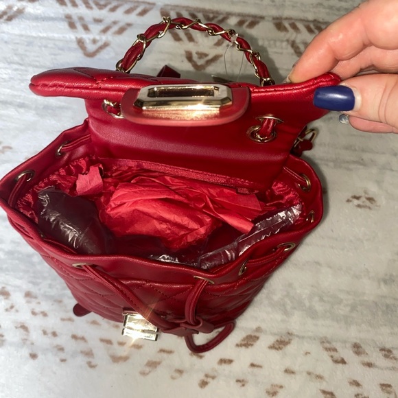 Badgley Mischka Vegan Leather Red Quilted Mini‎ Backpack - Picture 5 of 7